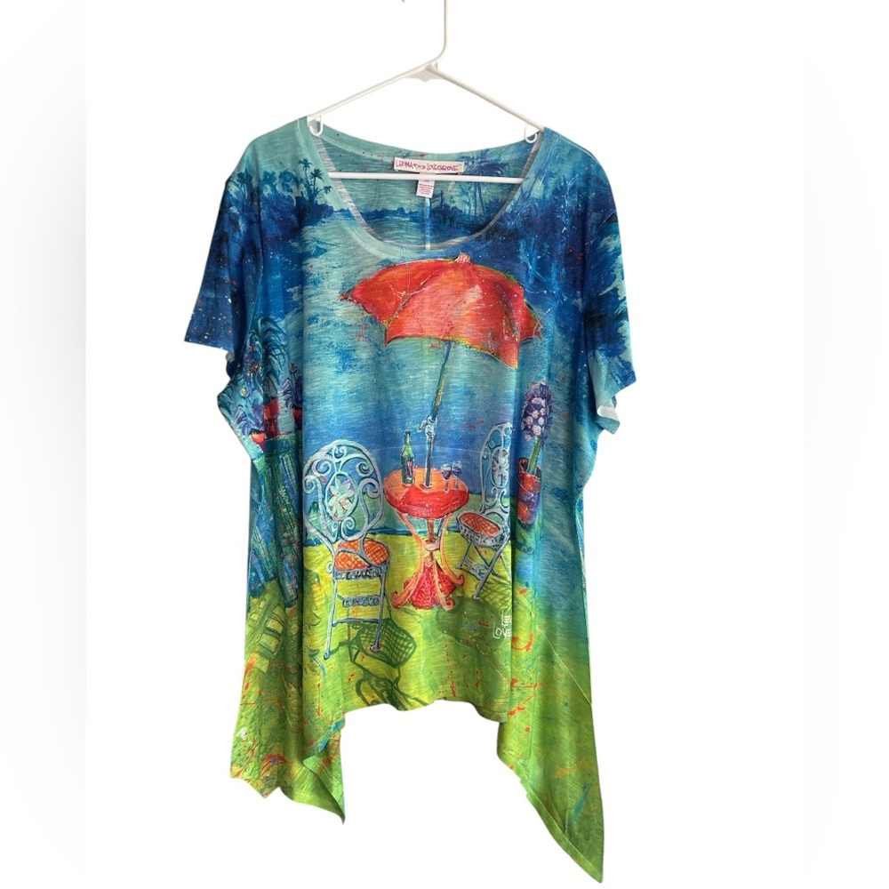 Leoma Lovegrove XXXL Wearable Art Print Short Sleeve Top Handkerchief Hem - Picture 2 of 7